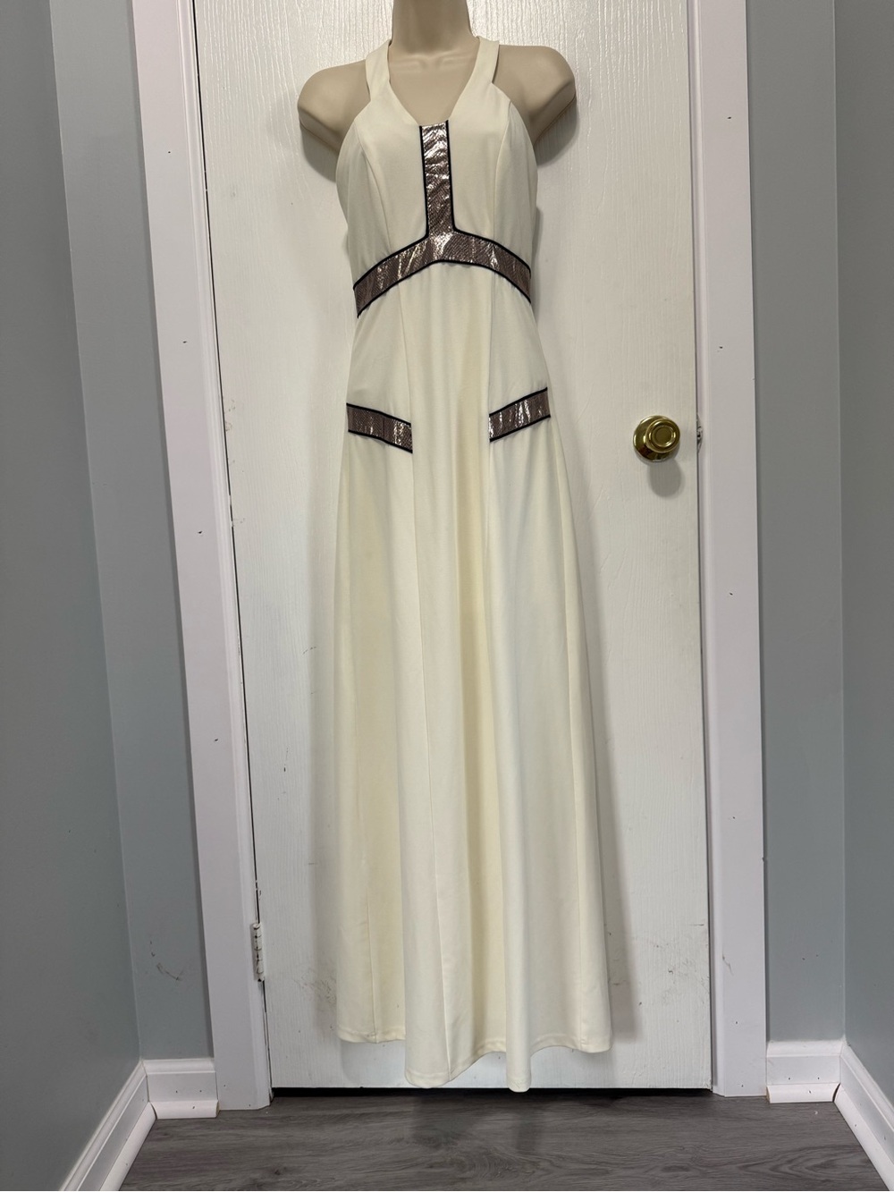 Lumiere Cream Halter Maxi with Metallic Bronze Trim